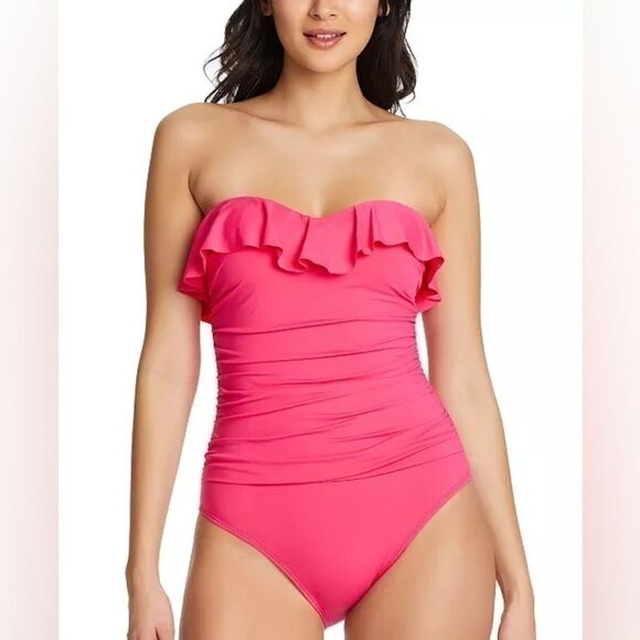 Bleu by Rod Beattie Shirred Ruffle
Bandeau One-Piece Swimsuit-Rose Pink swimwear - Picture 2 of 8